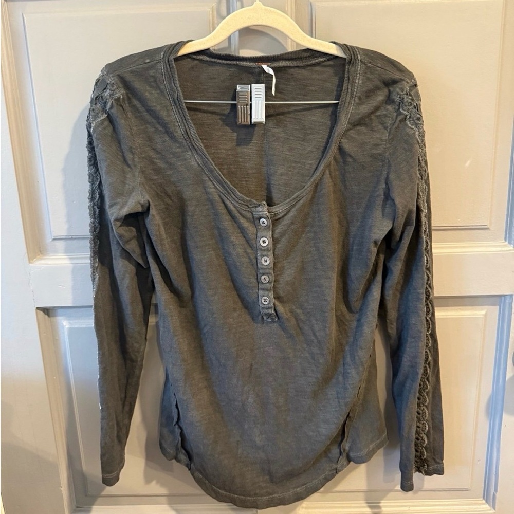 Free People Charcoal Long Sleeve Top with Button Accents